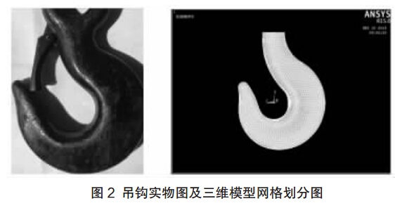 吊鉤實物圖及三維模型網格劃分圖